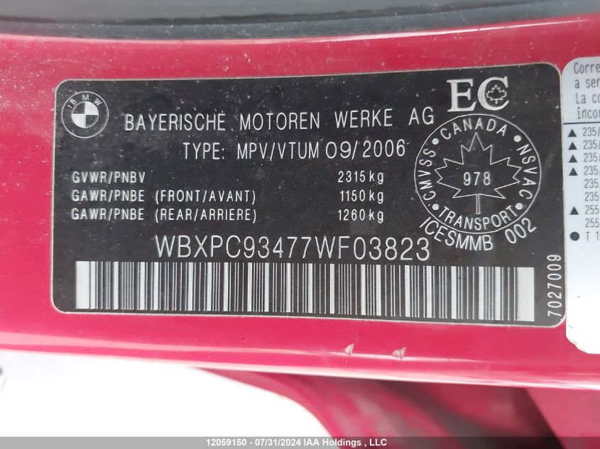 2007 BMW X3 VIN: WBXPC93477WF03823 Lot: 12059150