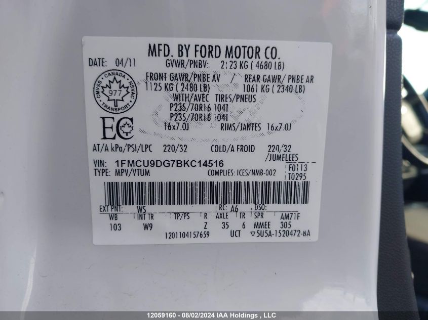 2011 Ford Escape Xlt Automatic VIN: 1FMCU9DG7BKC14516 Lot: 12059160