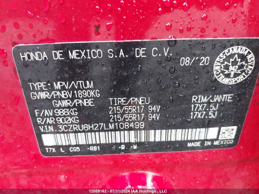 2020 Honda Hr-V VIN: 3CZRU6H27LM108499 Lot: 12059162