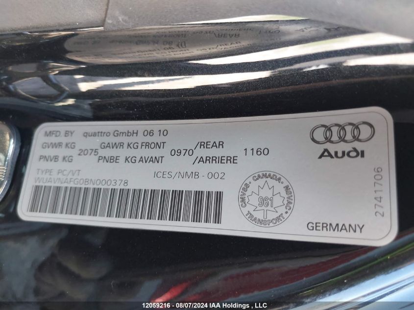 2011 Audi R8 VIN: WUAVNAFG0BN000378 Lot: 12059216