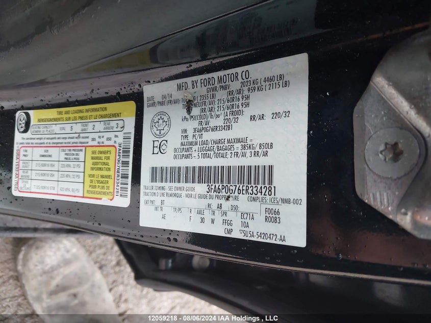 2014 Ford Fusion S VIN: 3FA6P0G76ER334281 Lot: 12059218