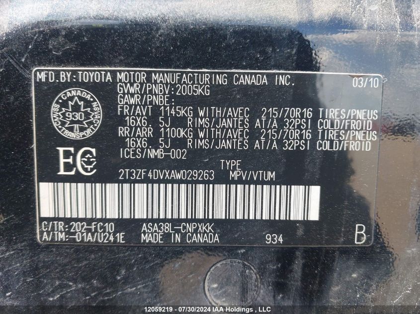 2010 Toyota Rav4 VIN: 2T3ZF4DVXAW029263 Lot: 12059219