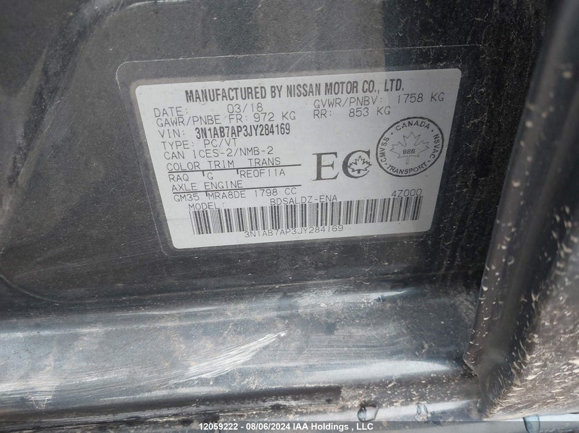2018 Nissan Sentra S/Sv/Sr/Sl VIN: 3N1AB7AP3JY284169 Lot: 12059222
