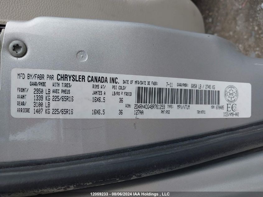 2011 Dodge Grand Caravan Express VIN: 2D4RN4DG4BR761259 Lot: 12059233