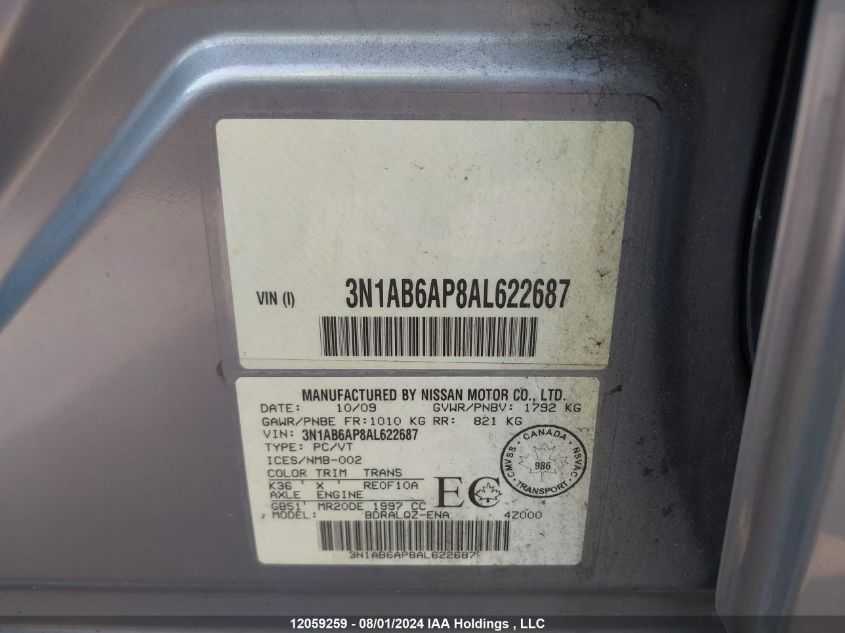 2010 Nissan Sentra 2.0 VIN: 3N1AB6AP8AL622687 Lot: 12059259