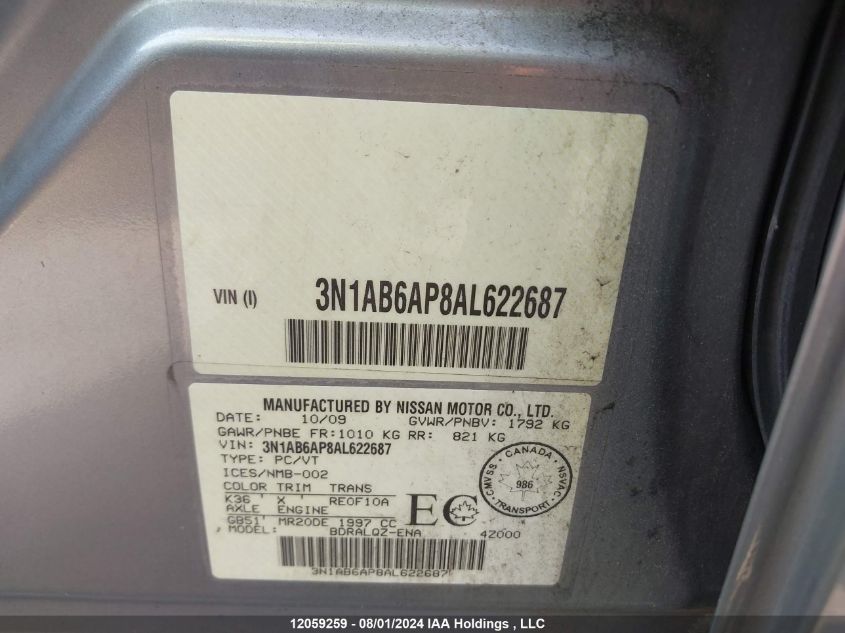 2010 Nissan Sentra 2.0 VIN: 3N1AB6AP8AL622687 Lot: 12059259