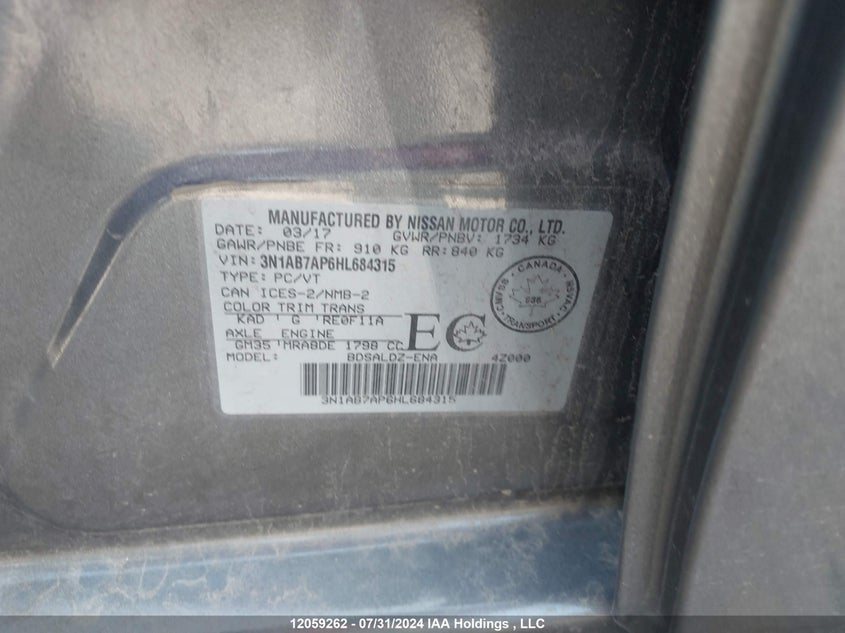 2017 Nissan Sentra VIN: 3N1AB7AP6HL684315 Lot: 12059262