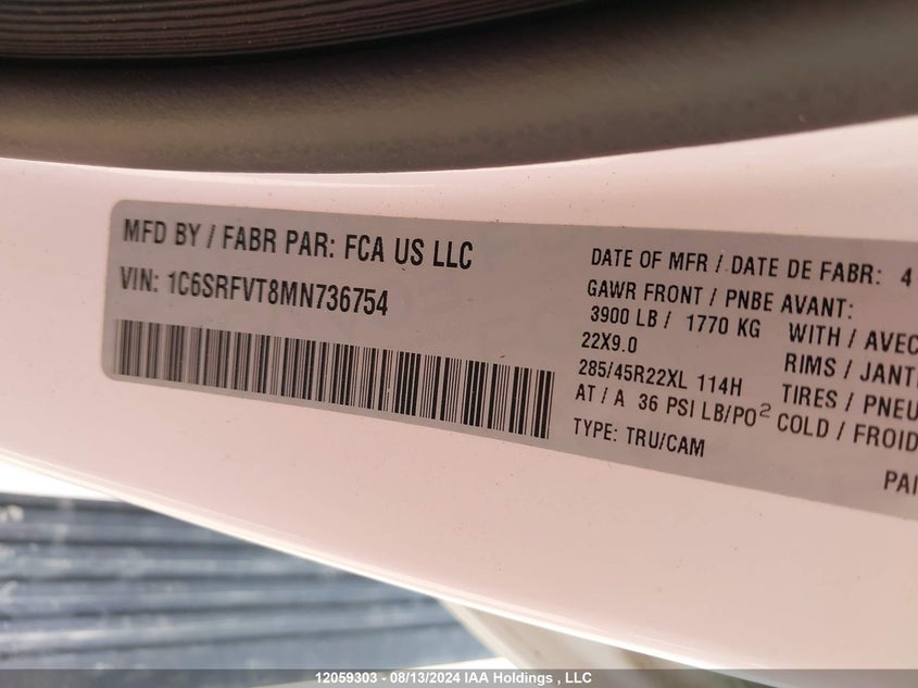 2021 Dodge Ram 1500 VIN: 1C6SRFVT8MN736754 Lot: 12059303