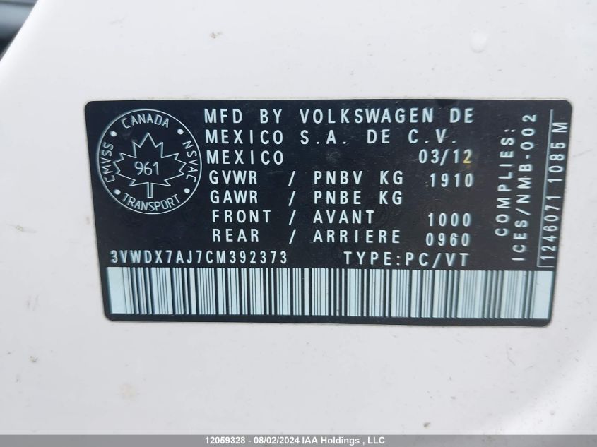 3VWDX7AJ7CM392373 2012 Volkswagen Jetta Se