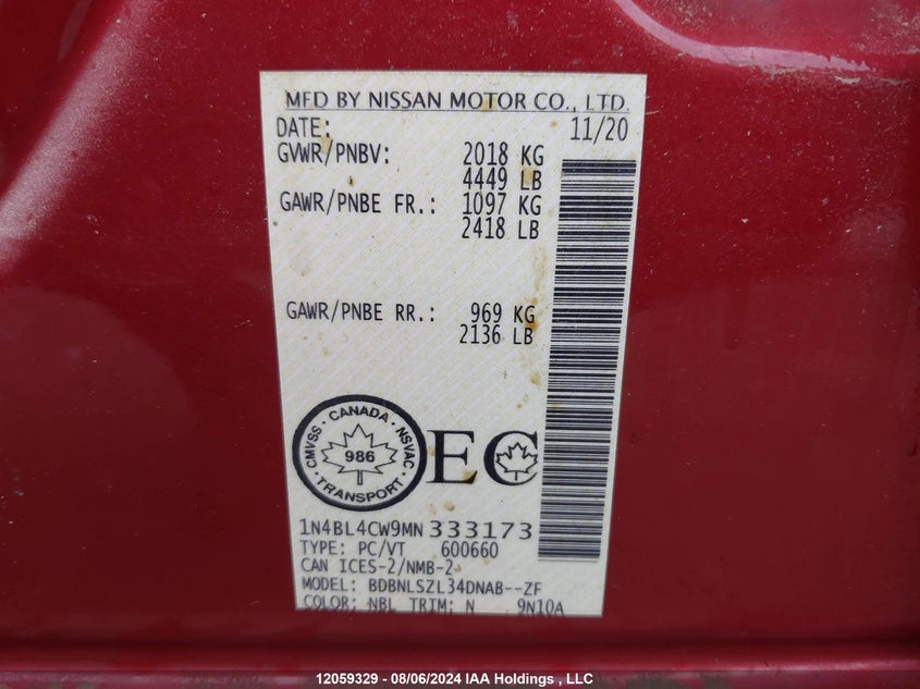 2021 Nissan Altima VIN: 1N4BL4CW9MN333173 Lot: 12059329