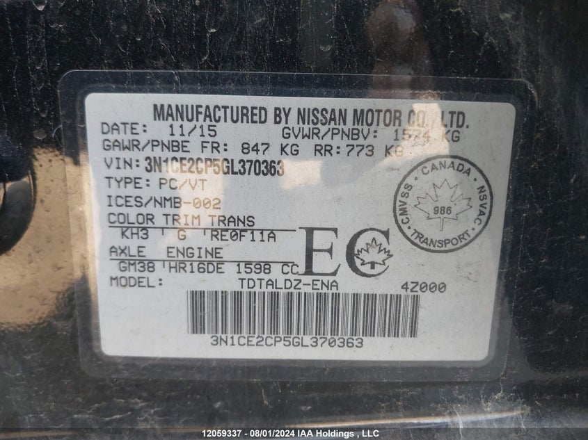 2016 Nissan Versa Note VIN: 3N1CE2CP5GL370363 Lot: 12059337