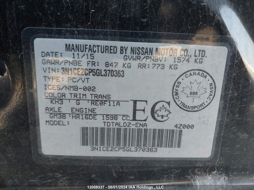 2016 Nissan Versa Note VIN: 3N1CE2CP5GL370363 Lot: 12059337