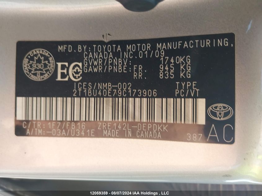 2009 Toyota Corolla Ce VIN: 2T1BU40E79C173906 Lot: 12059359