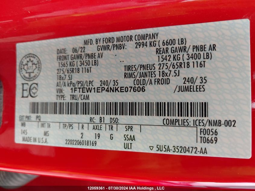 2022 Ford F150 Supercrew VIN: 1FTEW1EP4NKE07606 Lot: 12059361