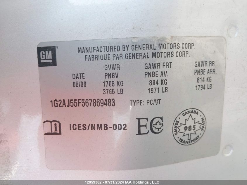 2006 Pontiac Pursuit VIN: 1G2AJ55F567869483 Lot: 12059362