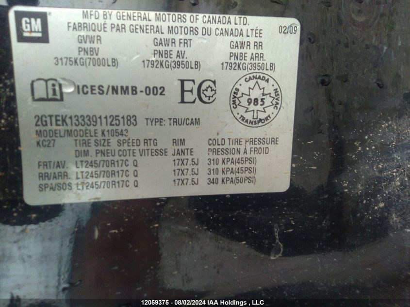 2009 GMC Sierra 1500 VIN: 2GTEK133391125183 Lot: 12059375