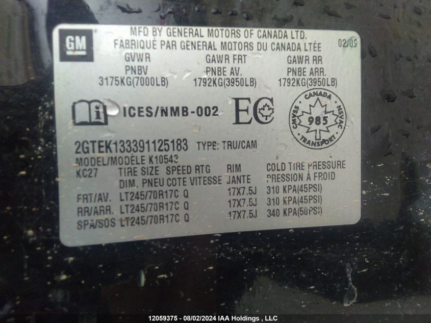 2009 GMC Sierra 1500 VIN: 2GTEK133391125183 Lot: 12059375