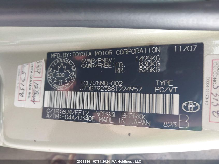 2008 Toyota Yaris VIN: JTDBT923881224957 Lot: 12059384