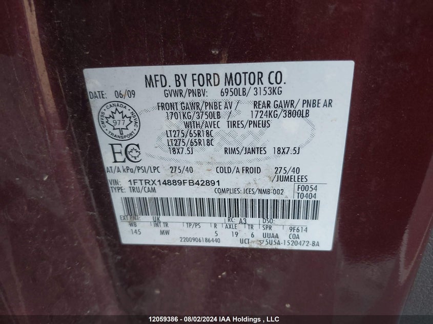 2009 Ford F-150 VIN: 1FTRX14889FB42891 Lot: 12059386