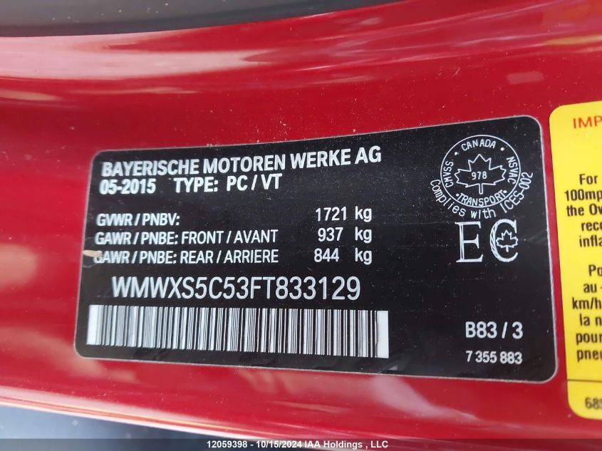 2015 Mini Cooper Hardtop 5 Door VIN: WMWXS5C53FT833129 Lot: 12059398