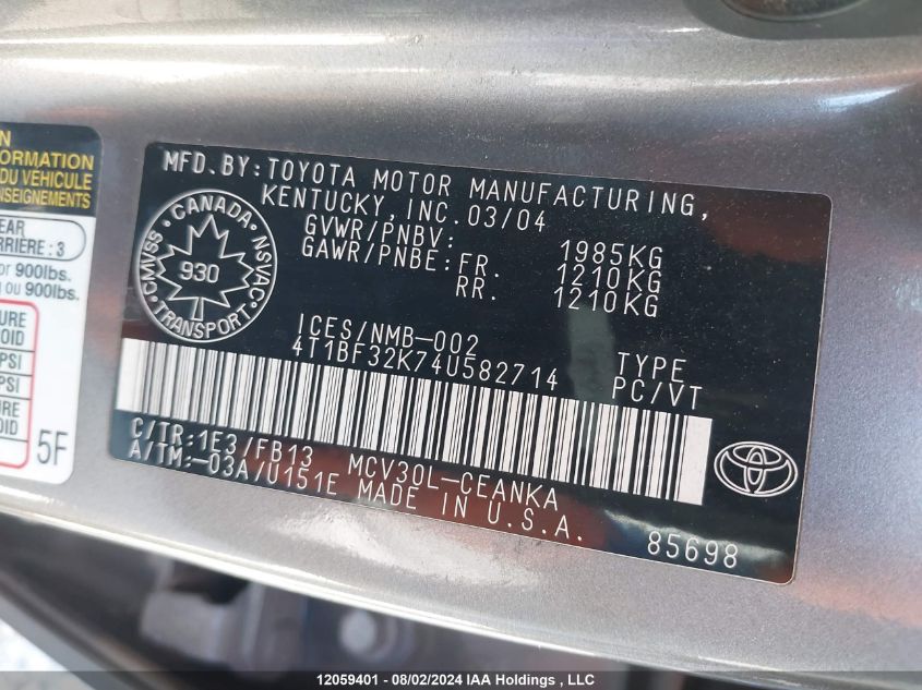 2004 Toyota Camry Le/Xle/Se VIN: 4T1BF32K74U582714 Lot: 12059401