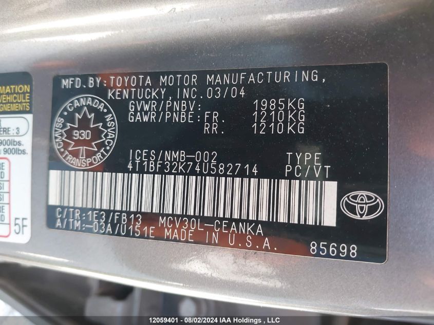 2004 Toyota Camry Le/Xle/Se VIN: 4T1BF32K74U582714 Lot: 12059401