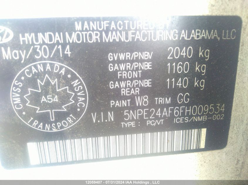 2015 Hyundai Sonata Gl VIN: 5NPE24AF6FH009534 Lot: 12059407