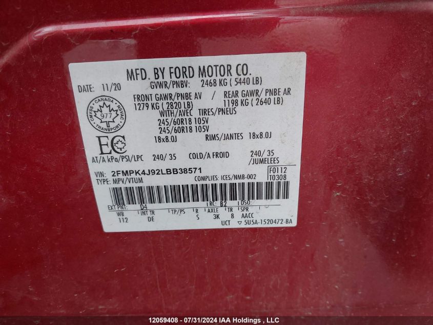 2FMPK4J92LBB38571 2020 Ford Edge Sel