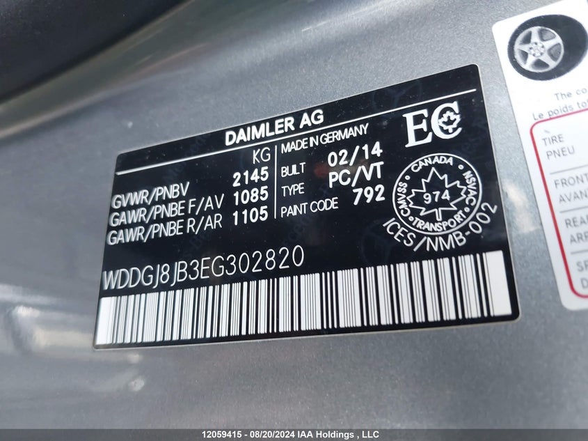 2014 Mercedes-Benz C-Class VIN: WDDGJ8JB3EG302820 Lot: 12059415