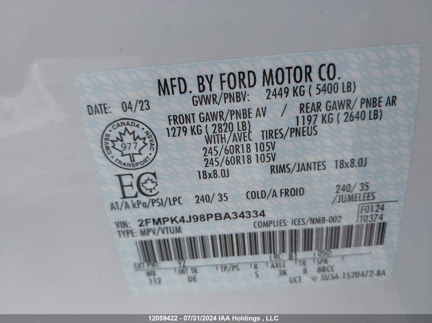 2023 Ford Edge Sel VIN: 2FMPK4J98PBA34334 Lot: 12059422
