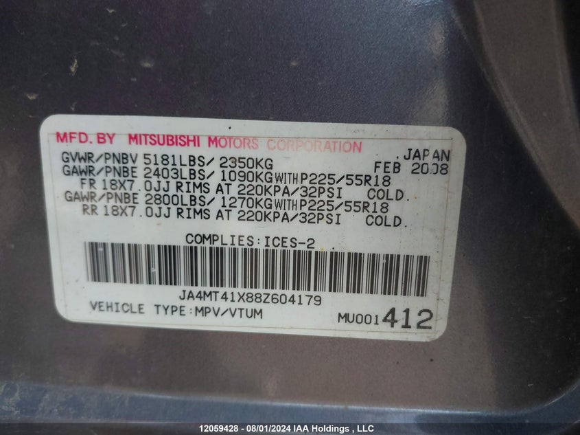 2008 Mitsubishi Outlander VIN: JA4MT41X88Z604179 Lot: 12059428