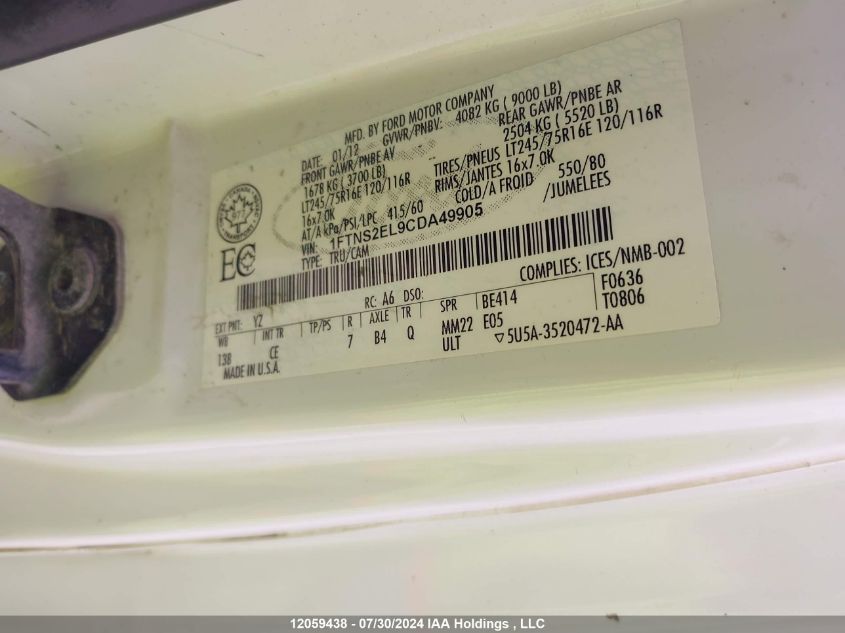 2012 Ford E-250 Commercial VIN: 1FTNS2EL9CDA49905 Lot: 12059438