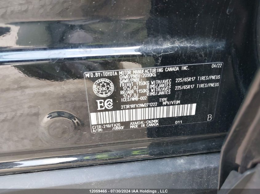 2022 Toyota Rav4 Xle VIN: 2T3R1RFV2NW271222 Lot: 12059465