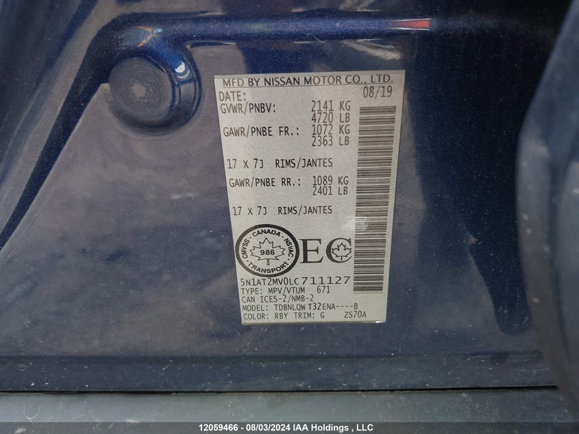 2020 Nissan Rogue VIN: 5N1AT2MV0LC711127 Lot: 12059466