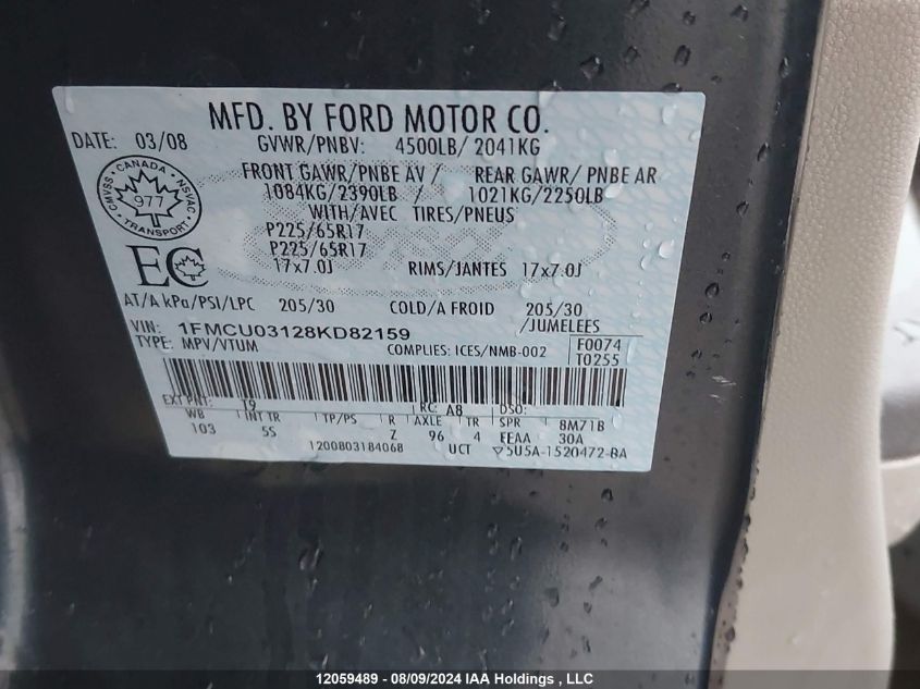 2008 Ford Escape VIN: 1FMCU03128KD82159 Lot: 12059489