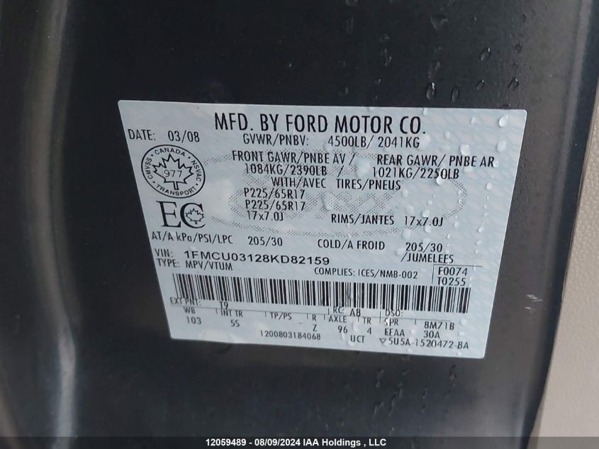 2008 Ford Escape VIN: 1FMCU03128KD82159 Lot: 12059489