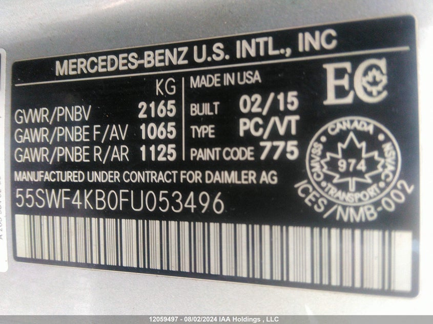 2015 Mercedes-Benz C-Class VIN: 55SWF4KB0FU053496 Lot: 12059497