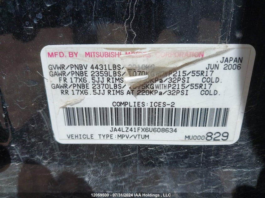 2006 Mitsubishi Outlander VIN: JA4LZ41FX6U608634 Lot: 12059500