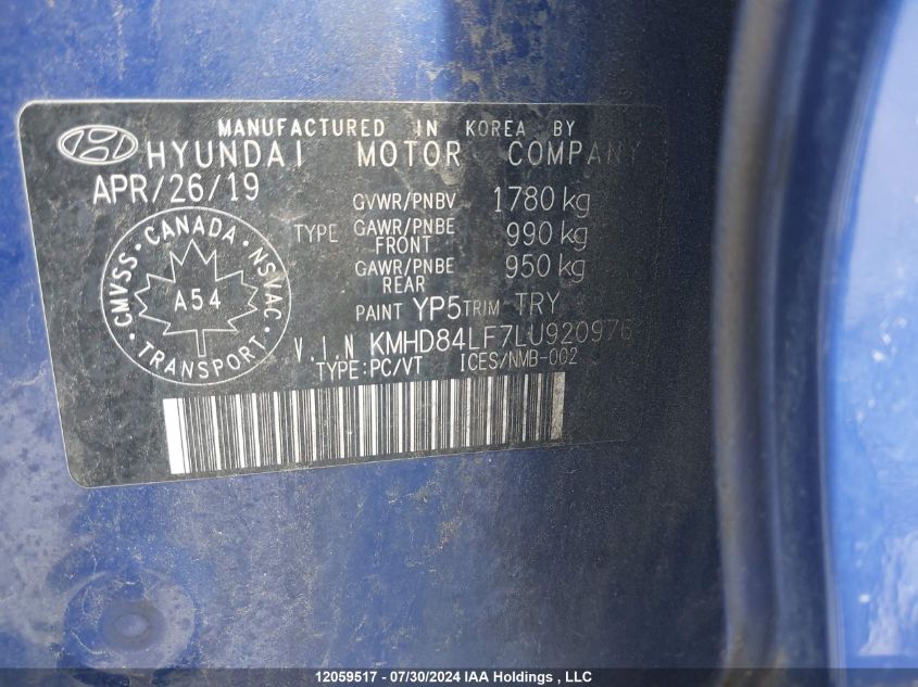 2020 Hyundai Elantra Sel/Value/Limited VIN: KMHD84LF7LU920976 Lot: 12059517