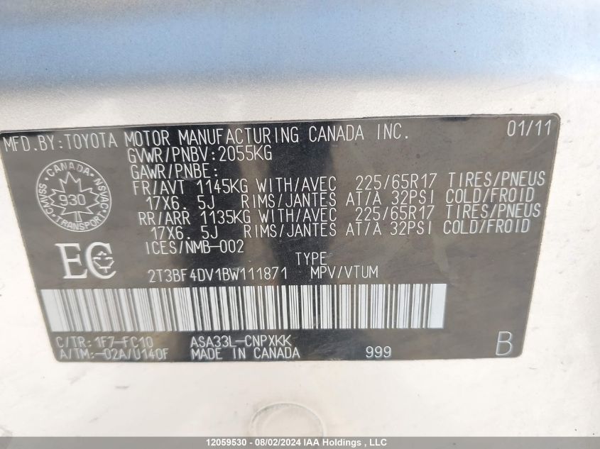 2011 Toyota Rav4 VIN: 2T3BF4DV1BW111871 Lot: 12059530