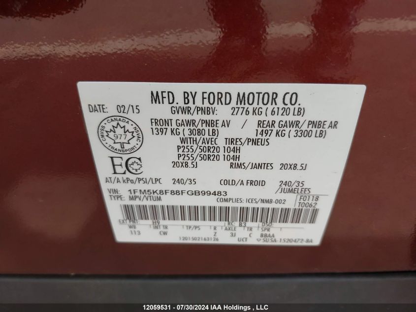 2015 Ford Explorer Limited VIN: 1FM5K8F88FGB99483 Lot: 12059531