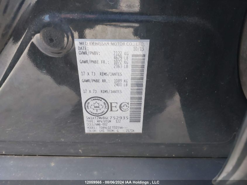 2016 Nissan Rogue VIN: 5N1AT2MV8GC752935 Lot: 12059565