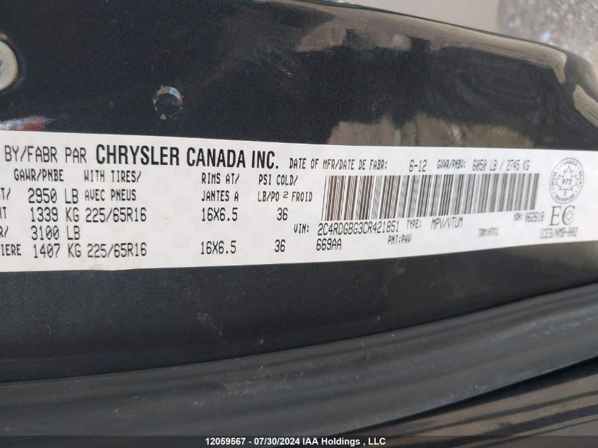 2012 Dodge Grand Caravan Se/Sxt VIN: 2C4RDGBG3CR421851 Lot: 12059567