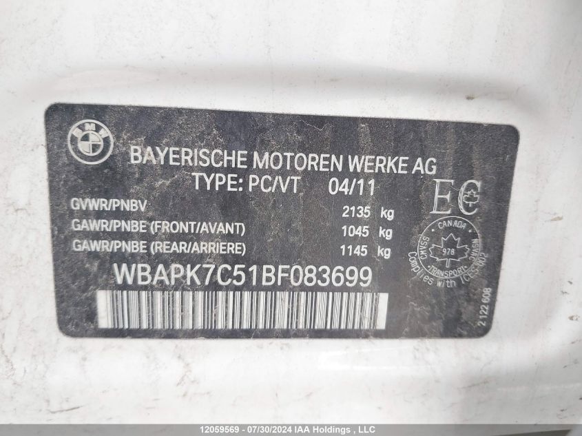 2011 BMW 3 Series VIN: WBAPK7C51BF083699 Lot: 12059569