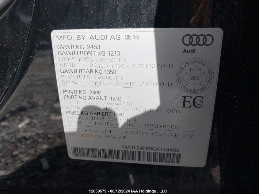 2016 Audi Q5 VIN: WA1L2AFP8GA144489 Lot: 12059579