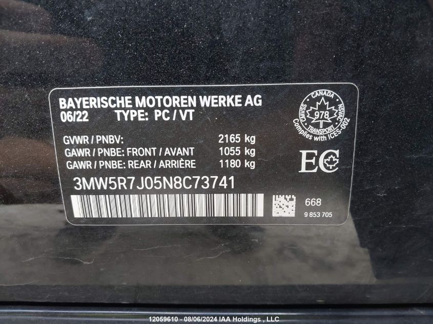 2022 BMW 3 Series VIN: 3MW5R7J05N8C73741 Lot: 12059610