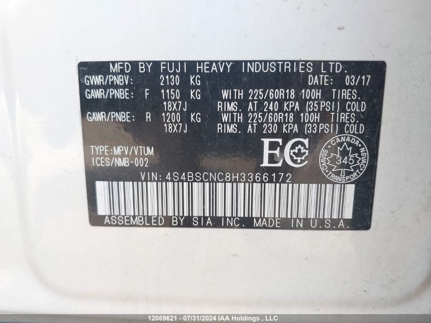 2017 Subaru Outback 2.5I Limited VIN: 4S4BSCNC8H3366172 Lot: 12059621