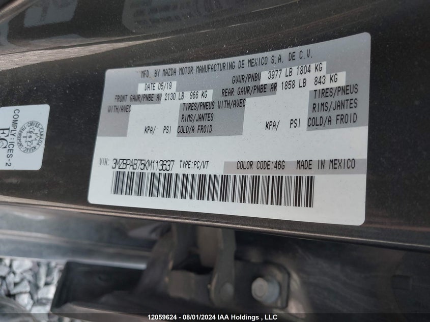 2019 Mazda Mazda3 VIN: 3MZBPAB75KM113637 Lot: 12059624