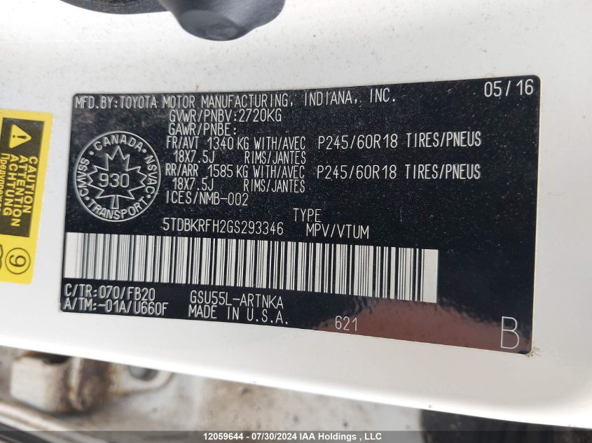 2016 Toyota Highlander Le/Le Plus VIN: 5TDBKRFH2GS293346 Lot: 12059644