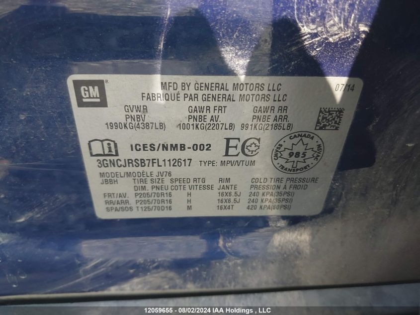 2015 Chevrolet Trax VIN: 3GNCJRSB7FL112617 Lot: 12059655